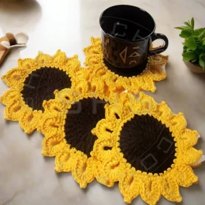 Handmade Sunflower Crochet Coaster Set